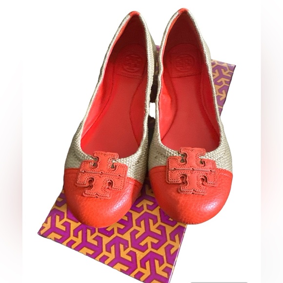 Pre owned Carita Ballet Straw and Leather Flats Size 7.5 in Fire Orange - Picture 1 of 4